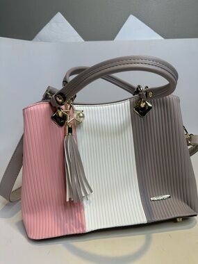 Tri-Color Structured Tote Bag with Tassel Charm - Pink White Taupe